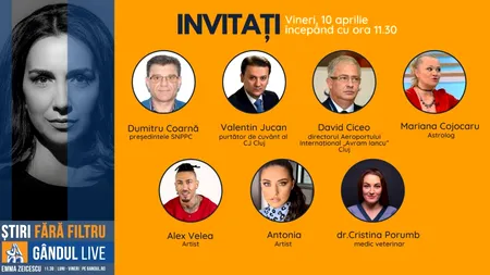 GÂNDUL LIVE | Directorul Aeroportului din Cluj și purtătorul de cuvânt al Consiliului Județean Cluj, printre invitații Emmei Zeicescu, pe 10 aprilie, de la 11.30