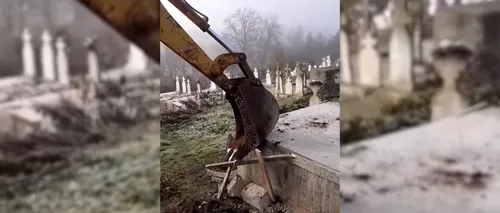 Imagini șocante! Un preot a dărâmat cu excavatorul un cavou: „Părinte, lasă-l, părinteeee, că nu mai am bani să-l fac!” - VIDEO