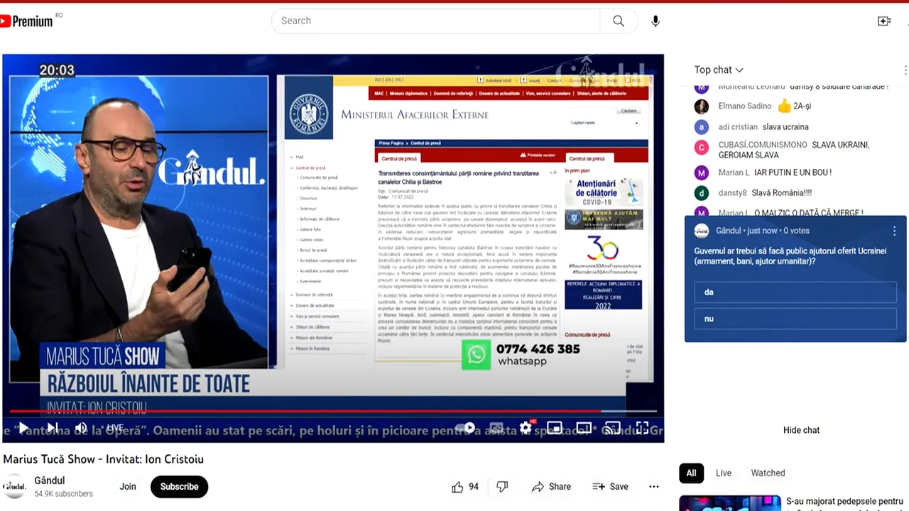 POLL Marius Tucă Show: „Guvernul României ar trebui să facă public ajutorul oferit Ucrainei?”