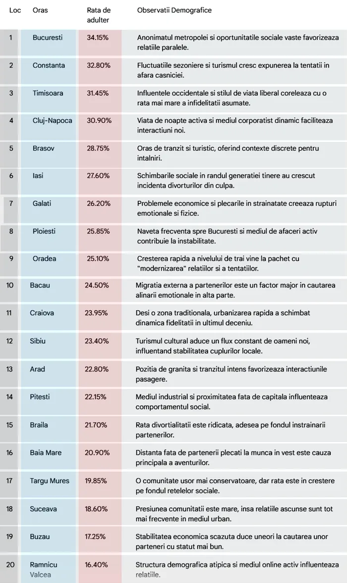 Top 20 adulter Orașele din România în care nevestele își înșală cel mai des soții. Pe ce loc este București