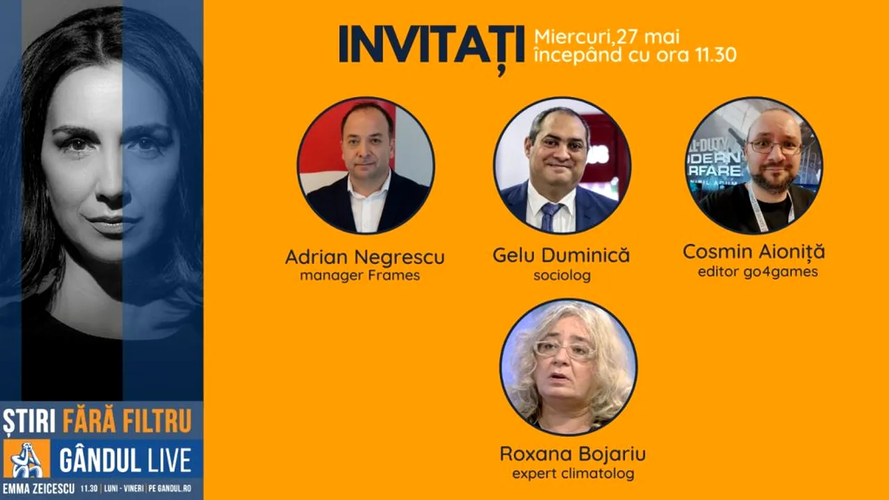 GÂNDUL LIVE. Sociologul Gelu Duminică și expertul climatolog Roxana Bojariu se află printre invitații Emmei Zeicescu, pe 27 mai, de la ora 11.30