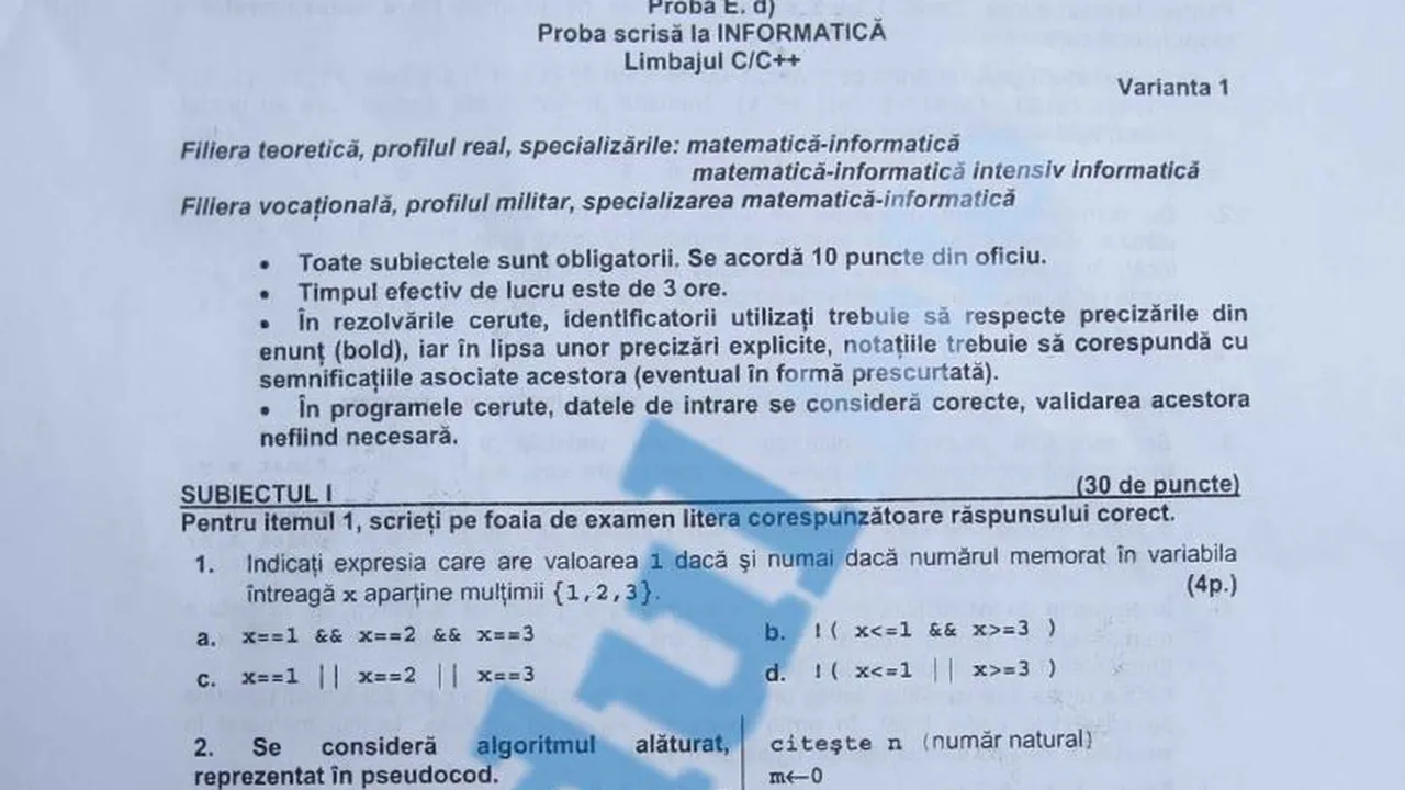 BAC 2012 SESIUNEA TOAMNĂ. SUBIECTE INFORMATICĂ, sesiunea a doua