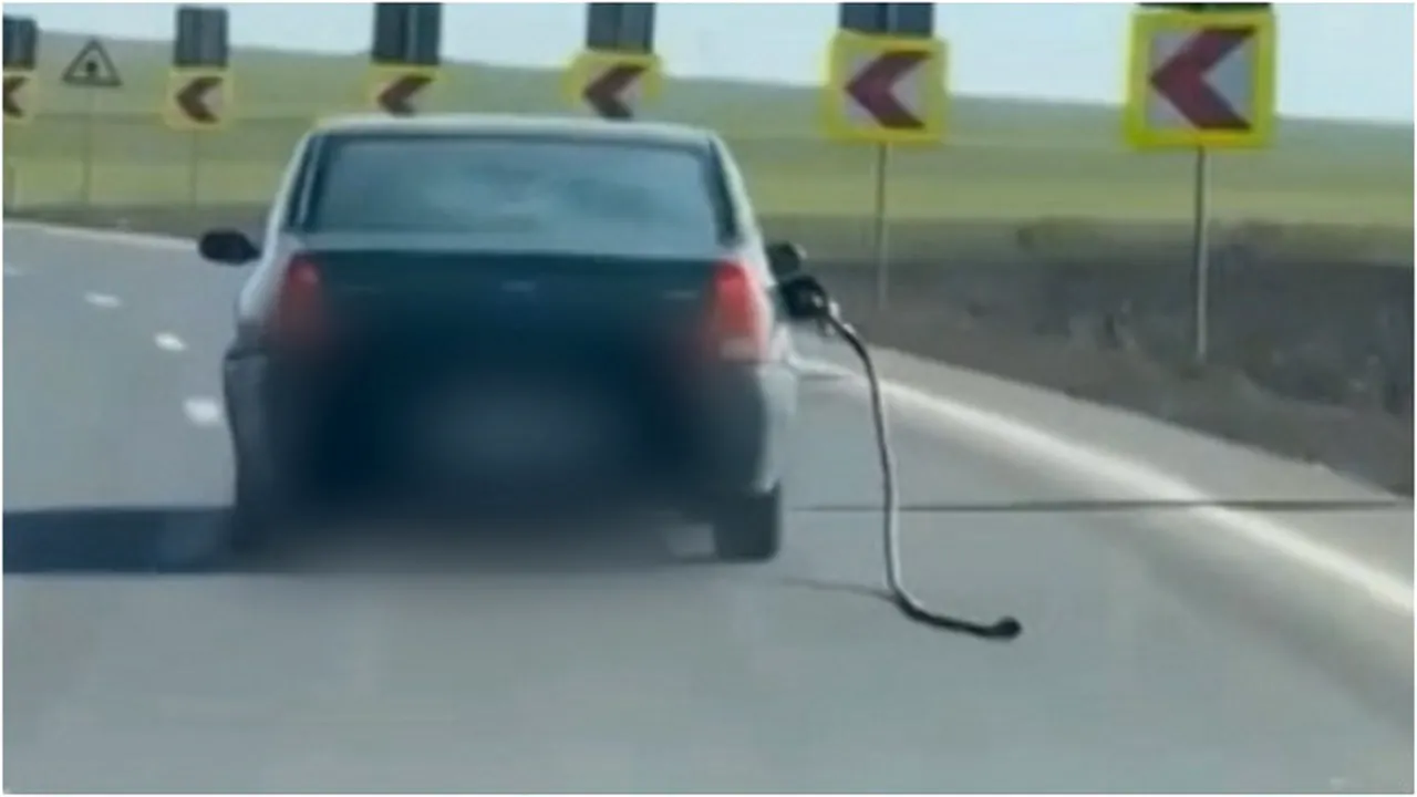 Un șofer a fost surprins în trafic, în timp ce merge cu furtunul unei pompe de benzină AGĂȚAT de rezervorul mașinii
