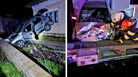 Cascador fără voie. O familie din Giurgiu s-a trezit cu o mașină înfiptă în peretele casei, în miez de noapte. Șoferul a ajuns la spital