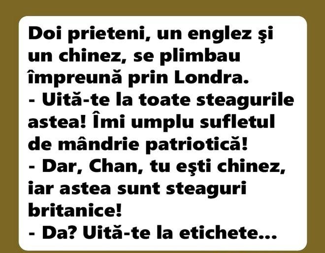 Bancul de joi | Un englez și un chinez se plimbau împreună prin Londra