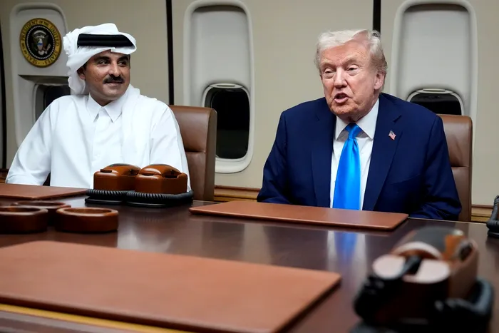 Președintele Donald Trump vorbește cu Emirul Qatarului, Sheikh Tamim bin Hamad al-Thani, la bordul Air Force One, la baza Al Udeib Air Base din Doha, aflat în drum spre Malaysia.