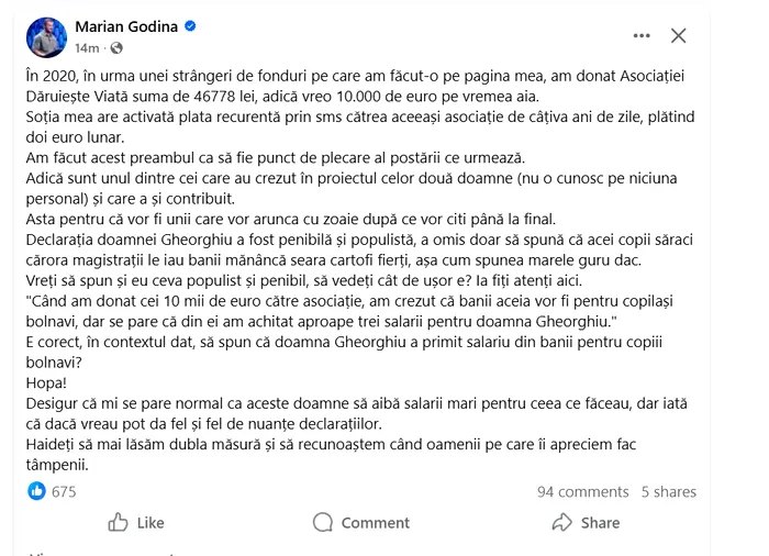 Godină rupe rândurile: „Când am donat 10.000 de euro către Dăruiește Viață, pentru copilași bolnavi, am achitat trei salarii pentru doamna Gheorghiu”