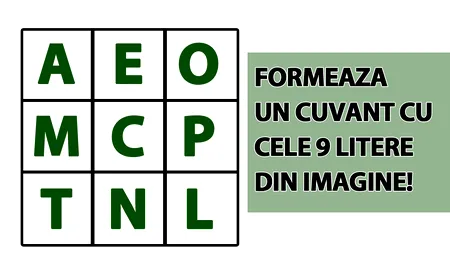 Test de inteligență | Alcătuiți un cuvânt cu cele 9 litere din imagine: a, e, o, m, c, p, t, n, l