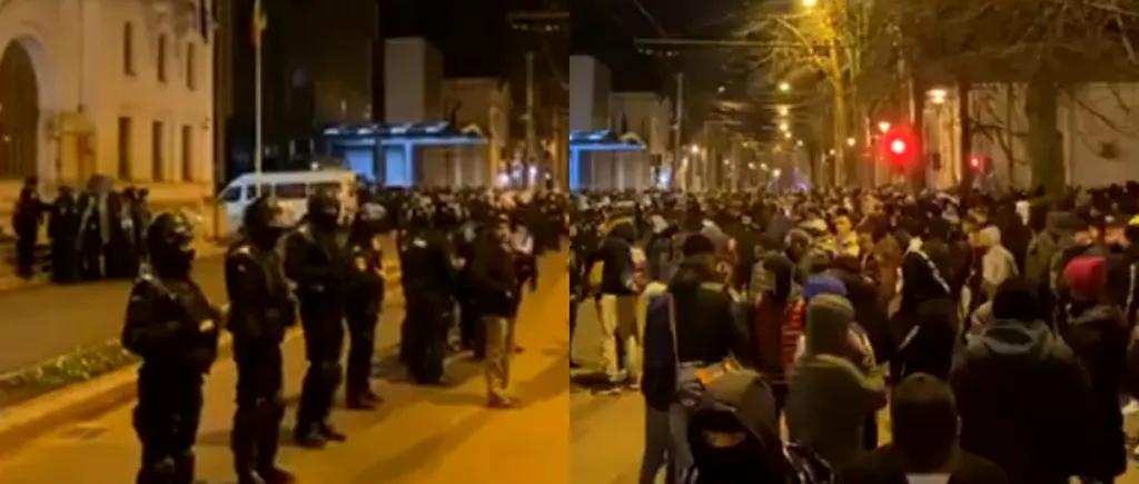 Protest cu incidente chiar lângă spital! Protestatarii anti-restricții au aruncat cu petarde și pietre în jandarmi / Oamenii legii au folosit gaz iritant - VIDEO
