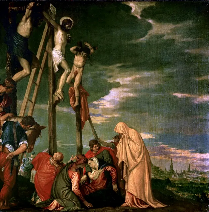 „Răstignirea” de Paolo Veronese este o lucrare dramatică ce redă momentul crucificării lui Hristos, reflectând stilul monumental și bogat în detalii al artistului renascentist italian.