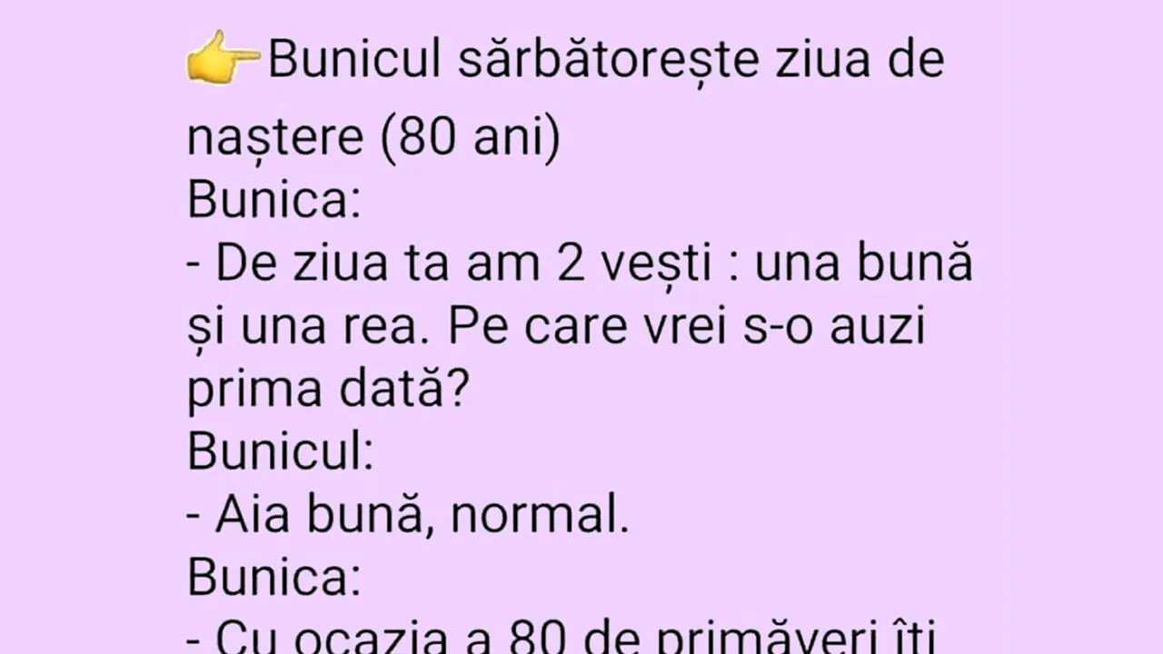 Bancul de joi | „De ziua ta, am două vești: una bună și una rea”