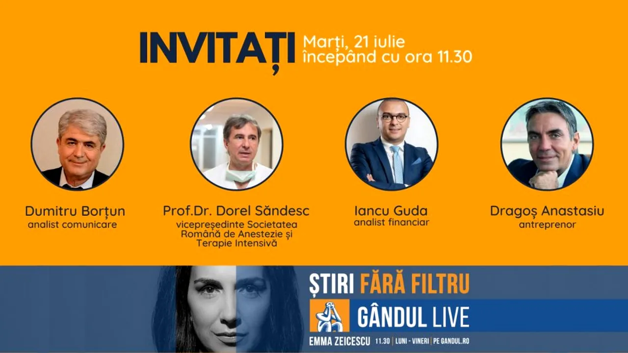 Antreprenorul Dragoș Anastasiu și Dumitru Borțun, specialist în comunicare, se află printre invitații Emmei Zeicescu la Gândul LIVE, pe 21 iulie, de la ora 11.30