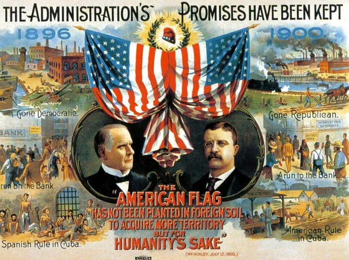 Afiș electoral cu Wiliam McKinley și Theodore Roosevelt din campania pentru alegerile prezidențiale din SUA, anul 1900. Sursa Foto: Profimedia 