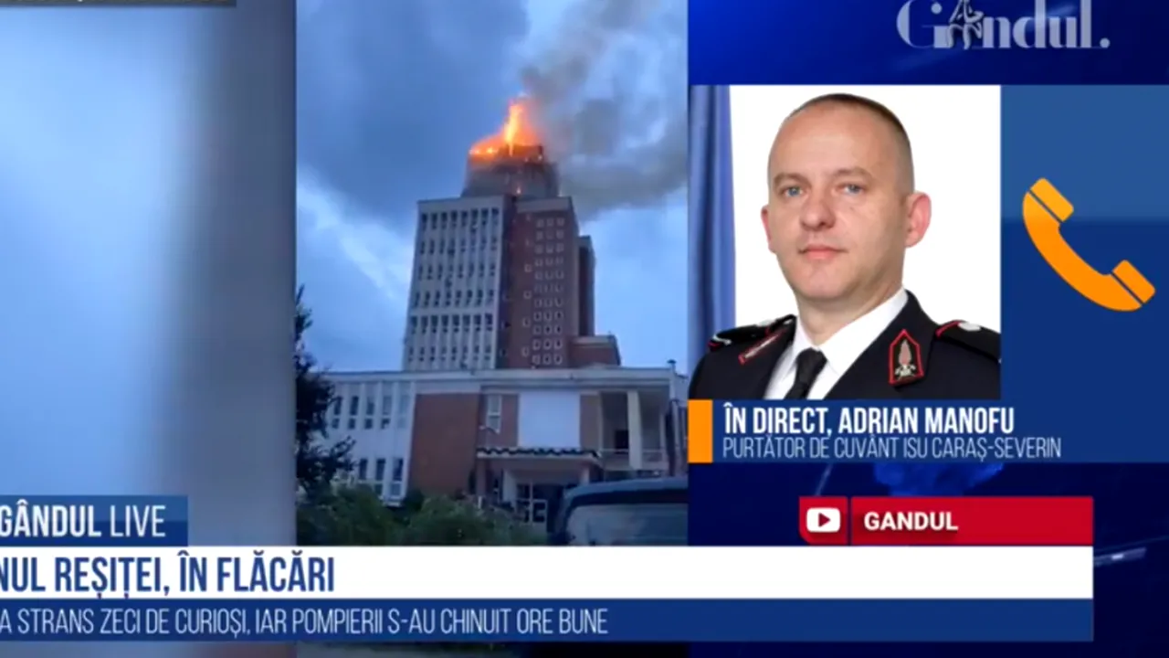 GÂNDUL LIVE. Purtător de cuvânt al ISU, despre incendiul din sediul Consiliului Județean Caraș-Severin: „A trebuit să se facă mai întâi o recunoaștere a clădirii pentru a nu pune în pericol personalul care a intervenit”
