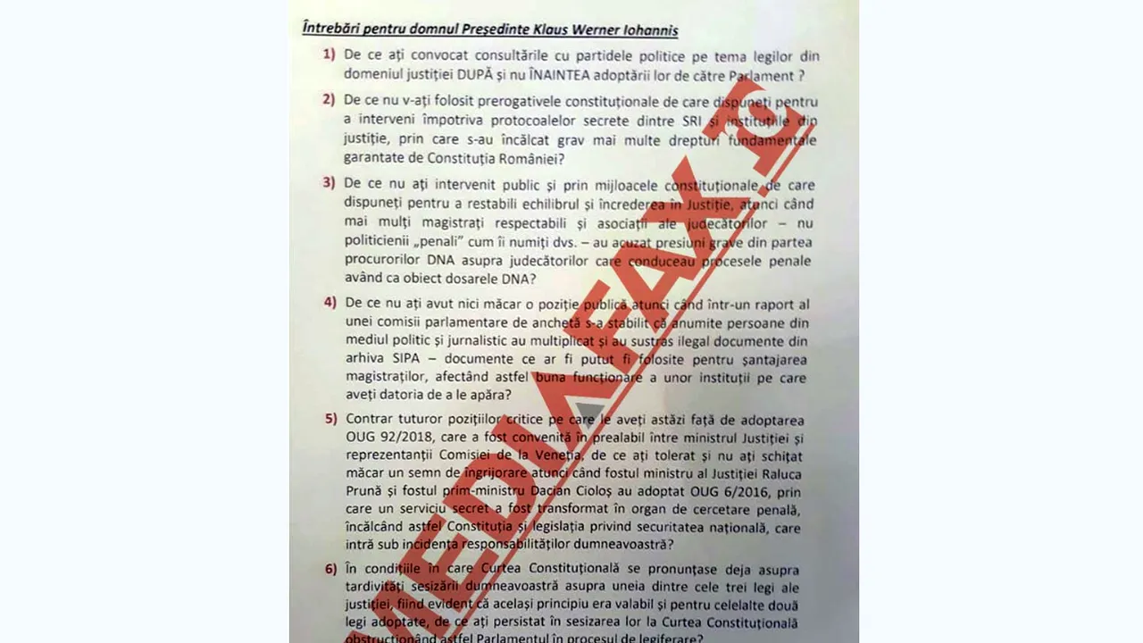 CELE 7 ÎNTREBĂRI ale PSD pentru Iohannis: De ce nu ați intervenit împotriva PROTOCOALELOR SECRETE?