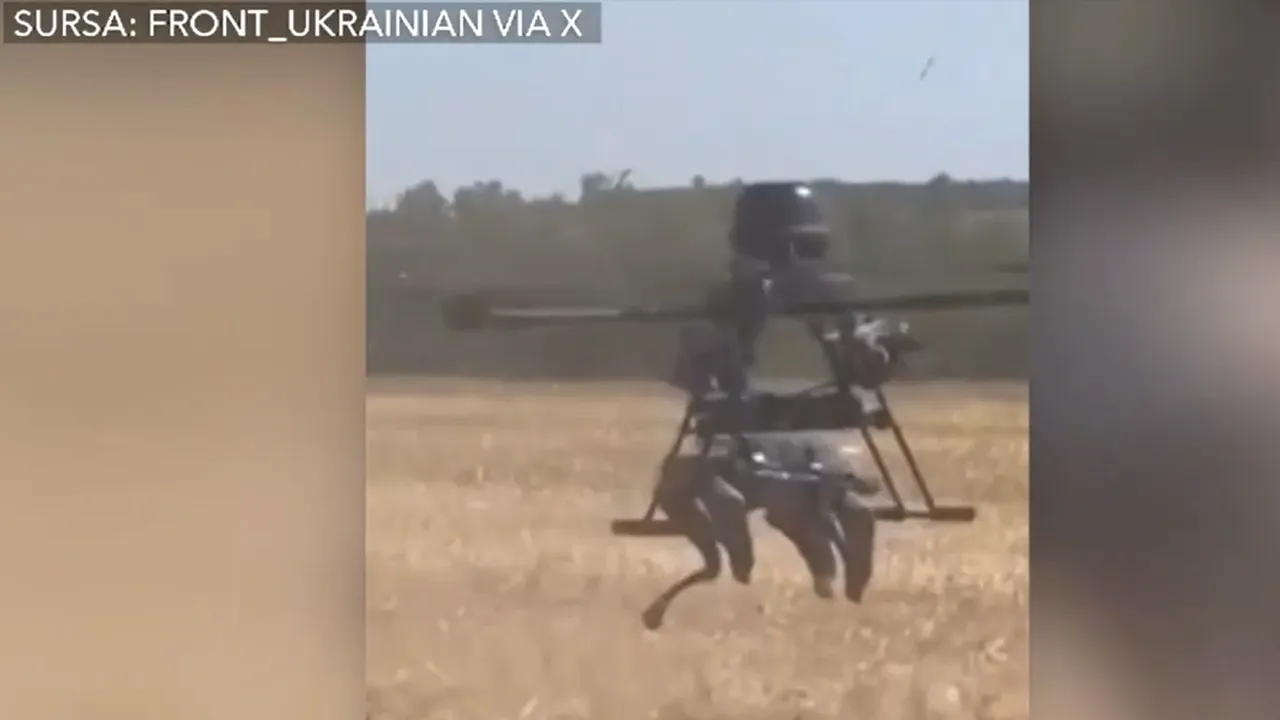 IMAGINI noi cu drona ucrainenilor care transportă câini roboți pe linia frontului