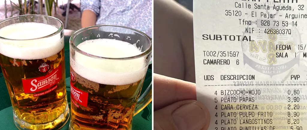 Avem nota de plată! Câți bani au plătit 4 turiști români pentru 4 beri la halbă, într-un restaurant din Insulele Canare