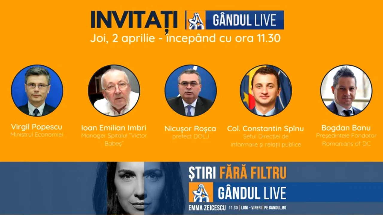GÂNDUL LIVE | Ministrul Economiei și managerul Spitalului Victor Babeș din Capitală, printre invitații Emmei Zeicescu, pe 2 aprilie, de la ora 11.30