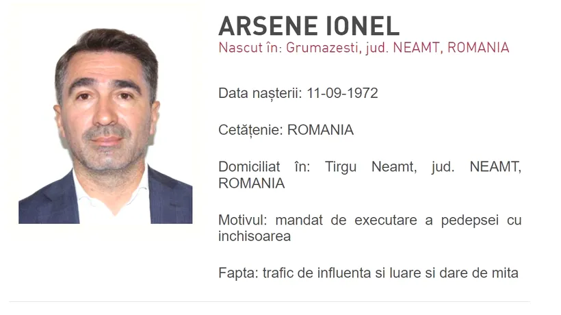 Ionel Arsene, pe lista „MOST WANTED” a Poliţiei Române, după ce șeful CJ Neamţ nu a fost găsit de poliţişti pentru a fi încarcerat
