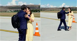Moment de tandrețe între Nicușor Dan și Mirabela Grădinaru pe pista aeroportului, în drum spre SUA. Președintele o sărută și publică imaginile