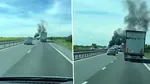 Mașină cuprinsă de flăcări pe A1 București-Pitești. Incendiu la kilometrul 66, trafic blocat spre Pitești