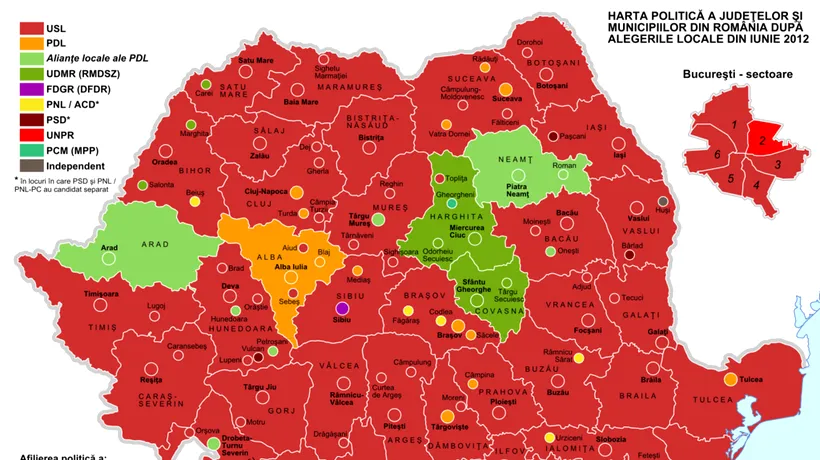 Alegerile locale 2012 în cifre: Cum s-a „înroșit” harta administrației locale după vot/ PDL a obținut doar două mandate de șefi de Consilii Județene