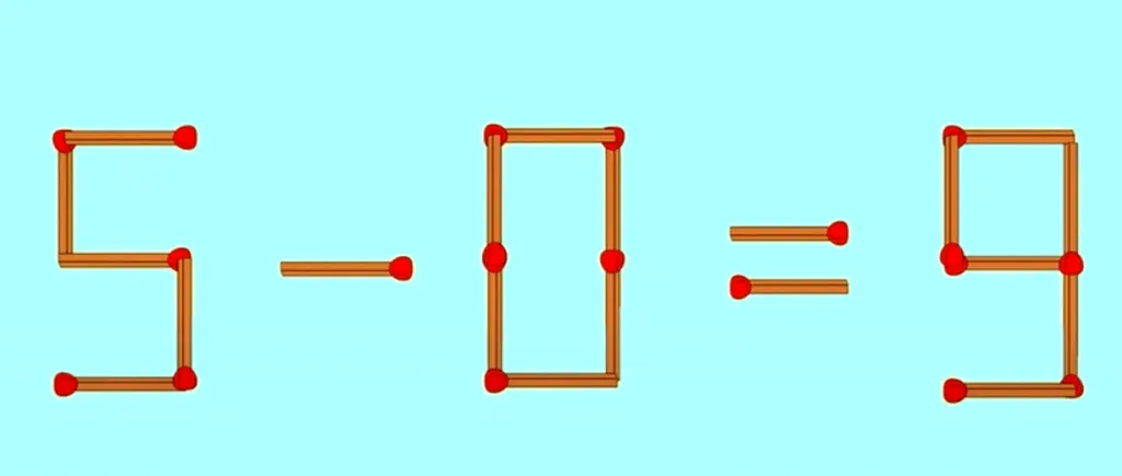 TEST IQ | Mută un singur băț de chibrit pentru a corecta 5-0=9