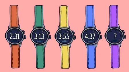 TEST IQ | Ce oră indică ultimul ceas, dacă primele 4 arată 2:31, 3:13, 3:55 și 4:37?