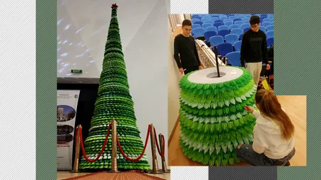 VIDEO | Cum arată bradul de Cartea Recordurilor realizat de studenții de la Craiova din hârtie reciclată