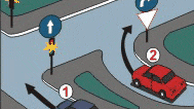 Chestionare auto. Semaforul funcționează cu lumină galbenă intermitentă. Care din cele două autovehicule își poate continua deplasarea?