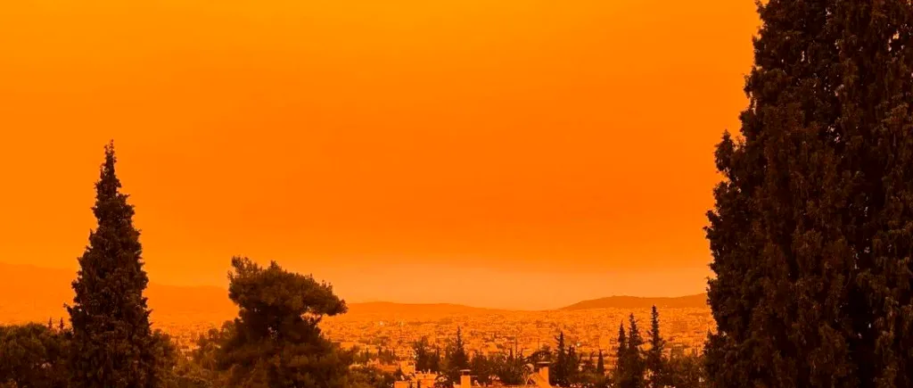 Imagini apocaliptice în Grecia. Cerul a devenit PORTOCALIU din cauza unui fenomen ciudat ce își are originea în deșertul Sahara