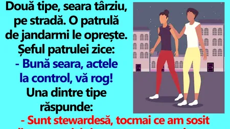 Bancul de duminică | Două tipe, seara târziu, pe stradă. O patrulă de jandarmi le oprește
