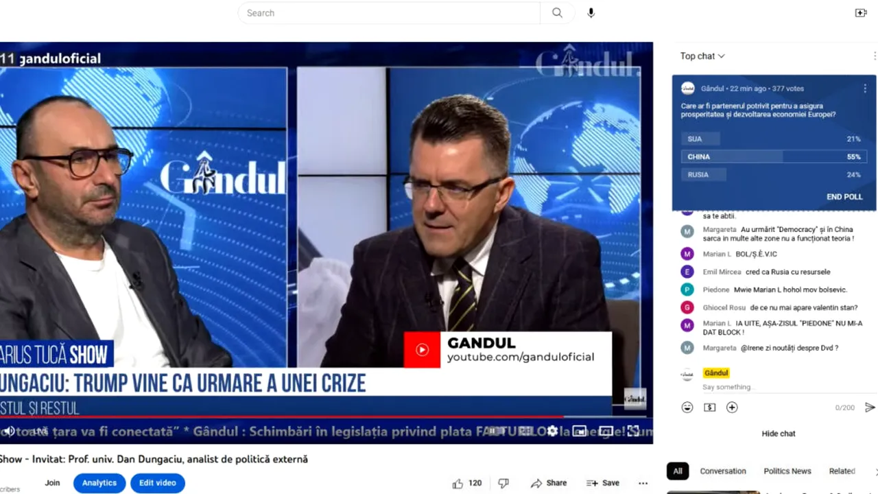 POLL Marius Tucă Show: „Care ar fi partenerul potrivit pentru a asigura prosperitatea și dezvoltarea economiei Europei?”. Au fost propuse trei state
