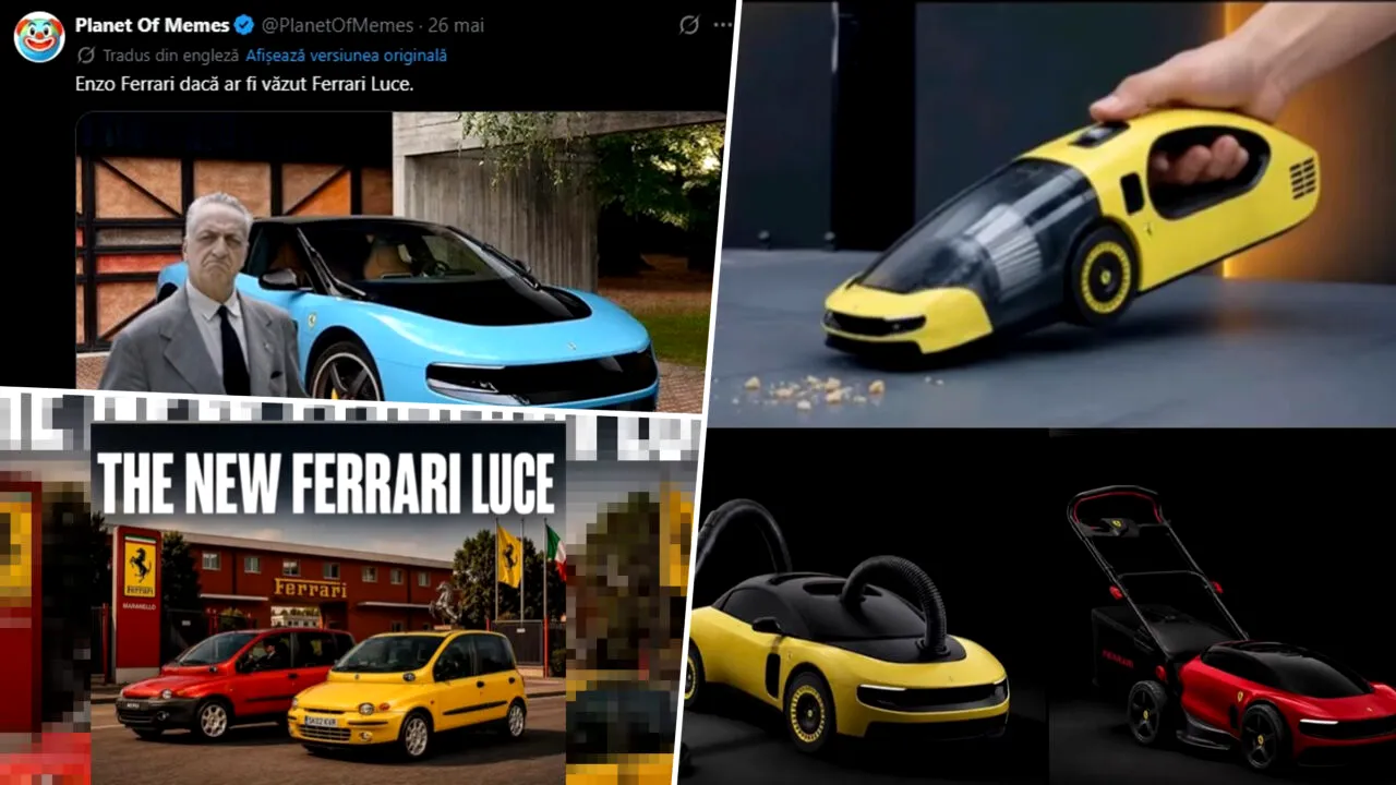 Val de glume cu noul Ferrari Luce, modelul electric care i-a dezamăgit pe fani și a prăbușit actiunile mărcii. Comparații cu un aspirator și mașini de tuns iarba