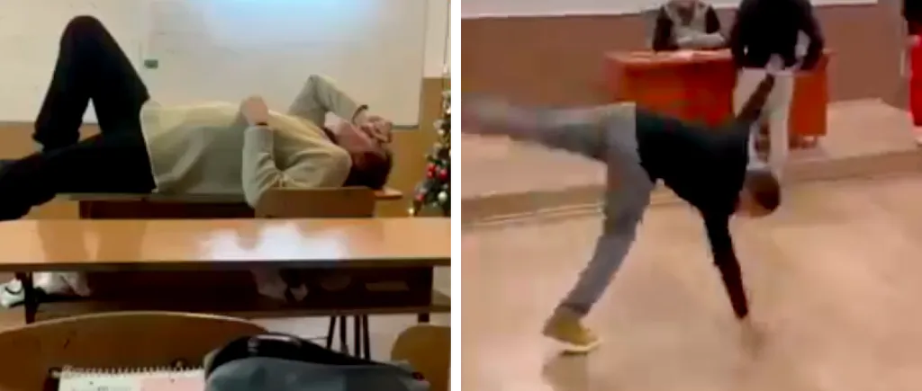 VIDEO Imagini incredibile la un colegiu din Vâlcea. Profesorul doarme întins pe catedră și elevii fac scheme de breakdance la ora de fizică