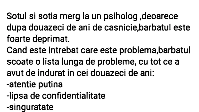 Bancul de joi | Soțul și soția merg la un psiholog