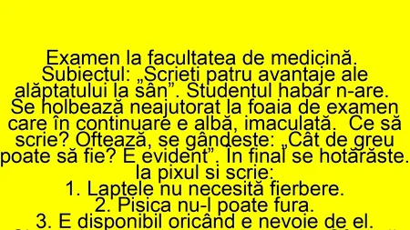 BANC | Examen la facultatea de medicină: „Scrieți 4 avantaje ale alăptatului la sân!”