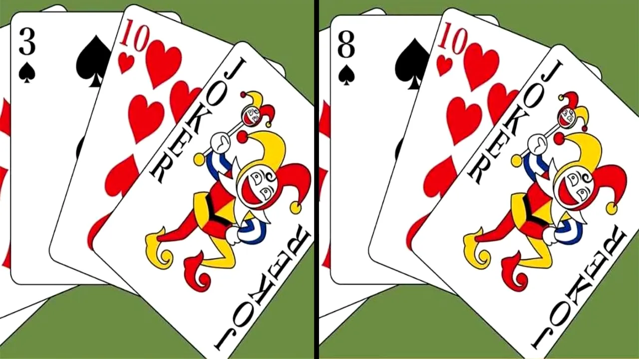 Test de logică | Găsiți toate cele 3 diferențe dintre cele 2 poze cu cărți de joc