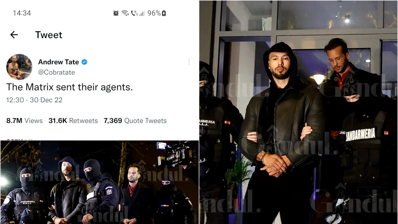 Andrew Tate, postare halucinantă din arest: ”Matrix și-a trimis agenții”