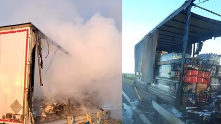 Incendiu puternic pe autostrada A1, în județul Timiș. Remorca unui autotren a luat foc, în mers