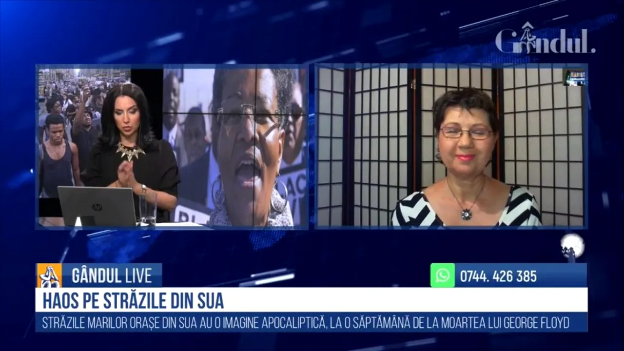 GÂNDUL LIVE. Corina Drăgotescu, jurnalist român stabilit în SUA: Criza provocată de cazul George Floyd a pus genunchiul pe gâtul Americii / Un mesaj al lui Donald Trump nu ar rezolva situația - VIDEO