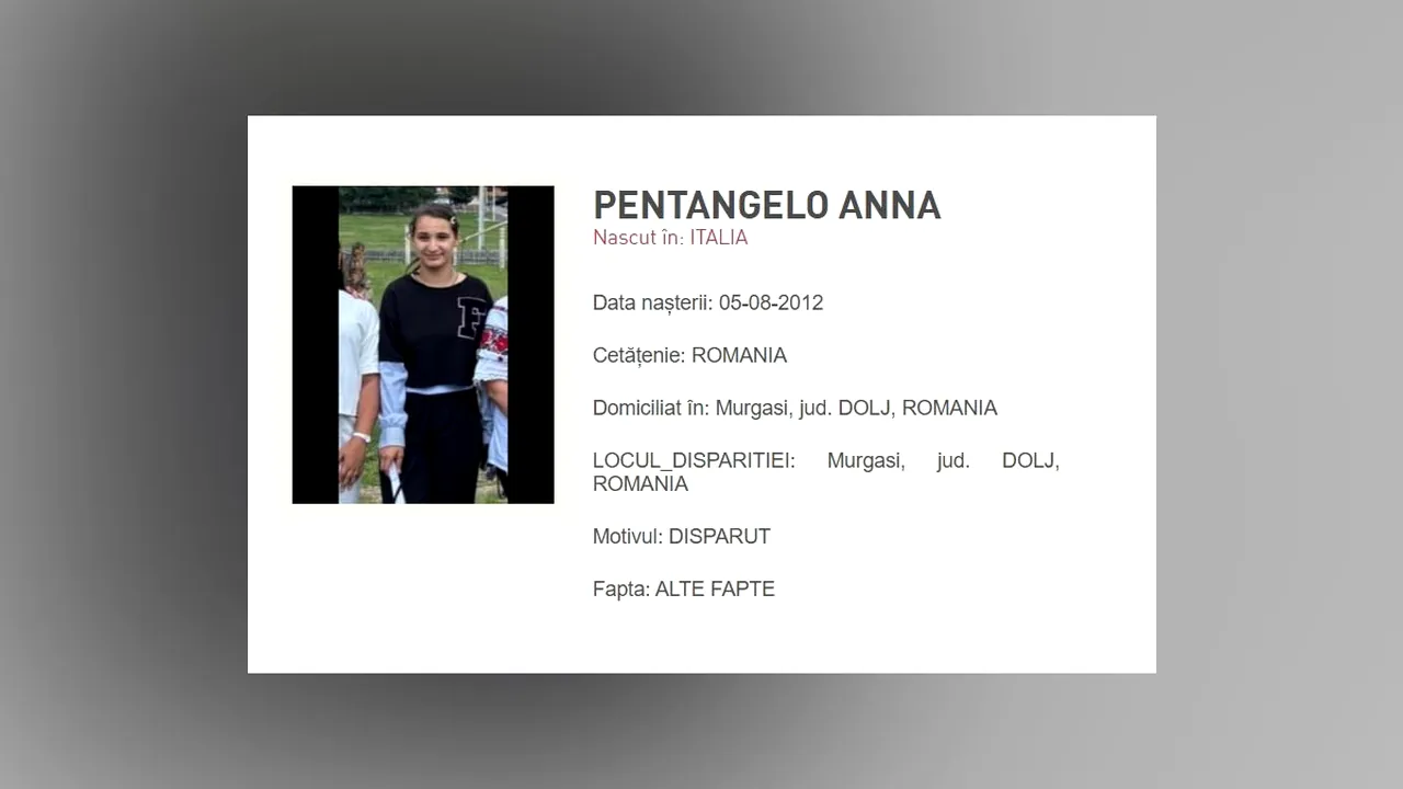 Mesaj RoAlert - ANNA PENTANGELO, copil DISPĂRUT în Dolj