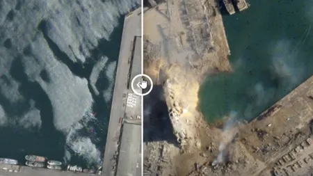 Imagini din satelit: Portul orașului Beirut s-a transformat într-un crater imens după explozia de marți