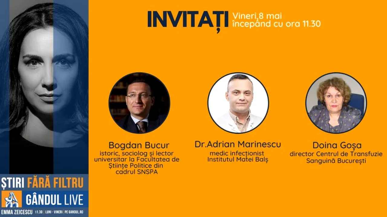 GÂNDUL LIVE. Medicul Adrian Marinescu și directorul Centrului de Transfuzie Sanguină, Doina Goșa, printre invitații Emmei Zeicescu, pe 8 mai, de la ora 11.30