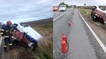 Accident în Dâmbovița. O autoutilitară încărcată cu sodă caustică și clorură de var s-a răsturnat, după impactul cu un autoturism