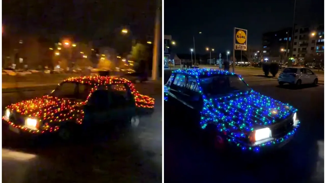 Un bihorean și-a împodobit Dacia 1310 cu sute de beculețe de Crăciun: „Costă mai mult instalația decât cotețul”