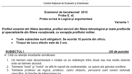 BAC 2012 SESIUNEA TOAMNĂ. SUBIECTE LOGICĂ, sesiunea a doua