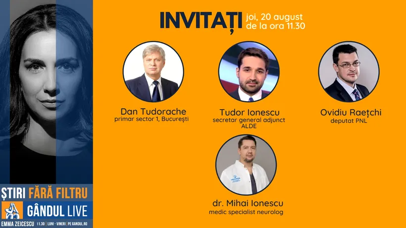 Primarul Sectorului 1, Daniel Tudorache, și deputatul PNL Ovidiu Raețchi se află printre invitații Emmei Zeicescu în ediția Gândul LIVE de joi, 20 august, de la ora 11.30
