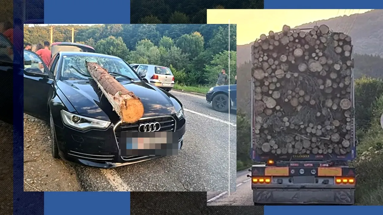 Un buștean a străpuns PARBRIZUL unui autoturism. Lemnul s-a desprins din remorca unui TIR supraîncărcat