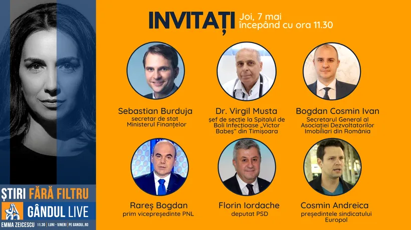 GÂNDUL LIVE. Rareș Bogdan (PNL) și Florin Iordache (PSD), printre invitații Emmei Zeicescu în ediția de joi, 7 mai, de la ora 11.30
